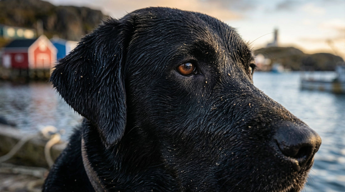 Ein majestätischer schwarzer Labrador Retriever blickt am historischen Hafen von Neufundland auf den Atlantik – Ursprung der Rasse und Inspiration für die minimalistische Schwarz-Weiß-Kunst von FinePawStudio.
